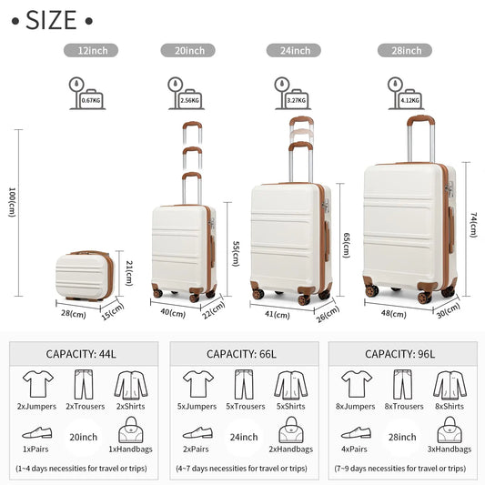 KONO 4-Pieces Hard Trunk Trunk Set Lightweight ABs Twin WHEELS Trolleys TSA Lock Suitcase Set S-M-L-XL