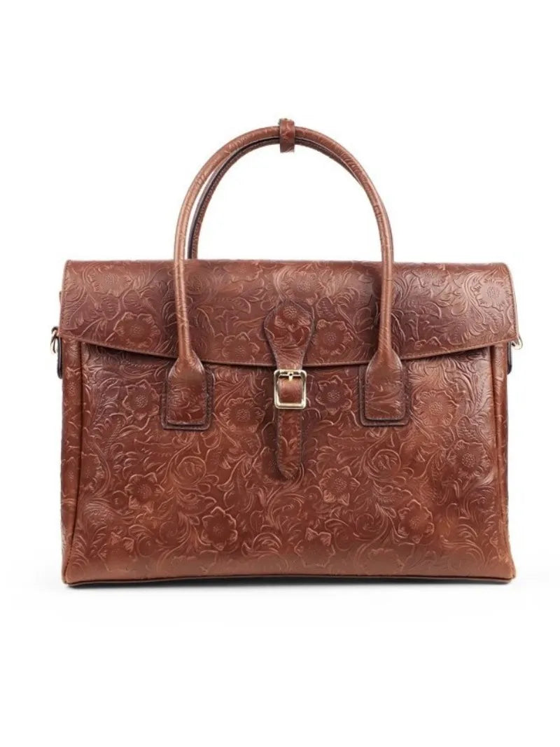 Vintage flower carved leather bag  single shoulder briefcase & business satchel
