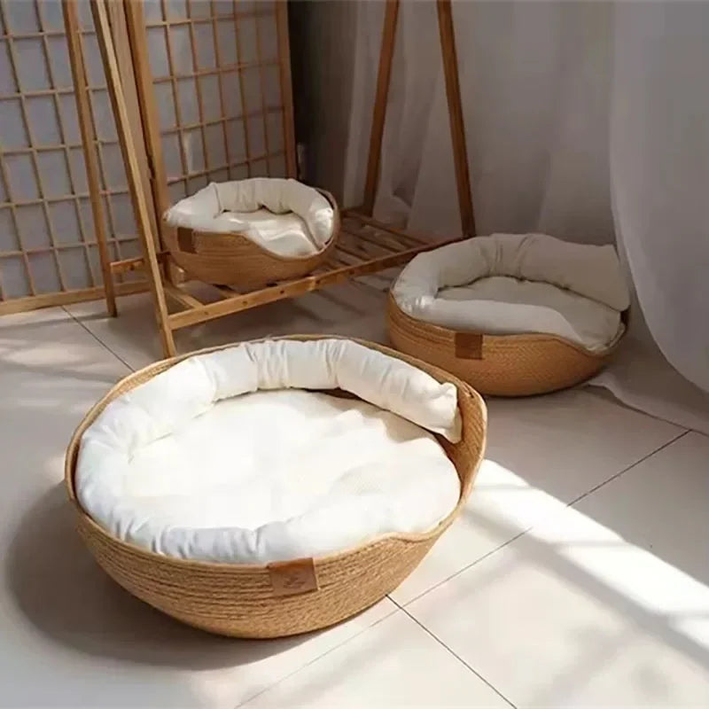 Haustier Bett 2025 - Weiche Katze Zwinger Hunde Betten Sofa - Bambus Weben Vier Jahreszeiten Gemütlich Nest Körbe Wasserdicht Kissen