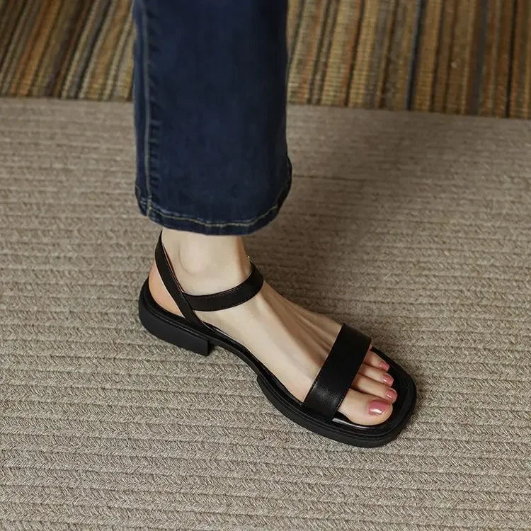 Summer Women Sandals Low Heels Basic Genuine Leather Office Ladies Casual Outdoor Shoes Woman Concise 2023