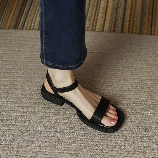 Summer Women Sandals Low Heels Basic Genuine Leather Office Ladies Casual Outdoor Shoes Woman Concise 2023
