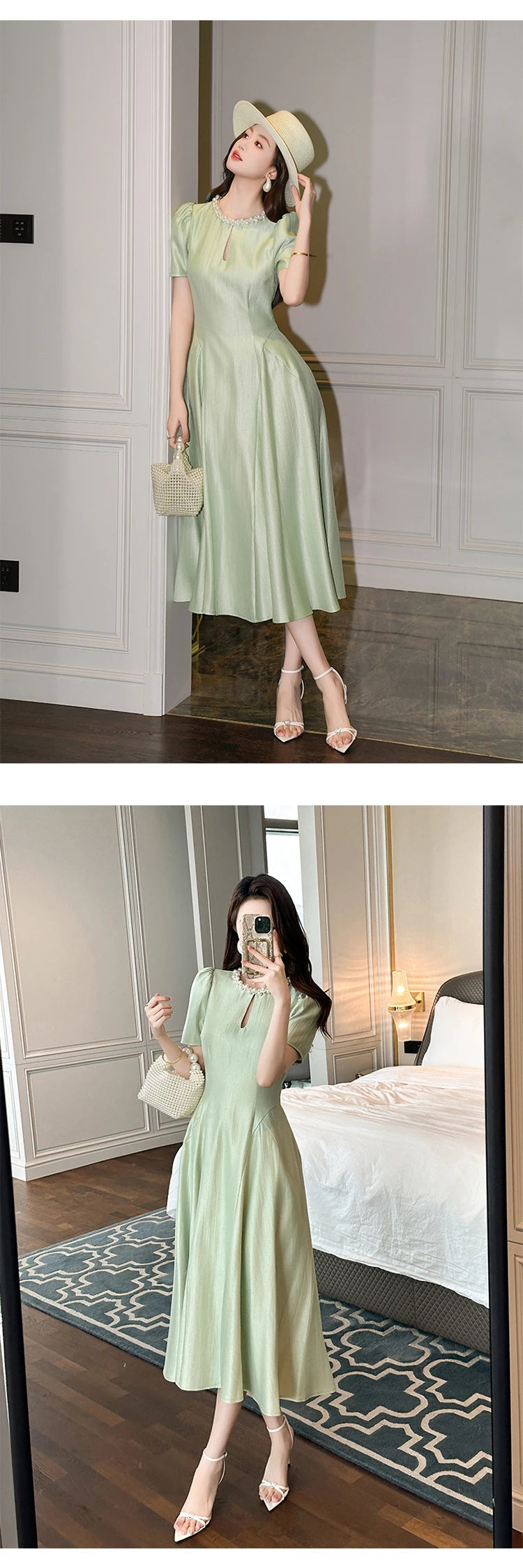 Elegant Host Evening Dress Women's French Vintage Sweet Pearl Hollow Folds Swing A-LINE Long Robe Party Catwalk Prom Vestidos