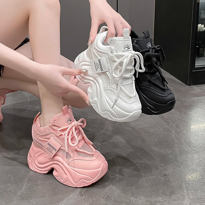 Women High Platform Sneakers New Summer 9.5CM Wedge Heels Thick Sole Leather Shoes Autumn Breathable Mesh Chunky Sneakers Woman