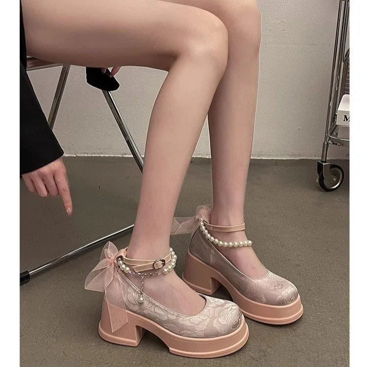 Frühling Damen Dicke Platform Mary Janes 2025 - Lolita Schuhe Sommer - Schleife Kette Party Pumps Oxford Schuhe