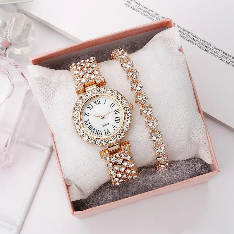 Luxus Damen Glänzende Armbanduhren 2-teiliges Set - Roségold Uhr Mode Damen Elegante Quarz Diamant Armbanduhr