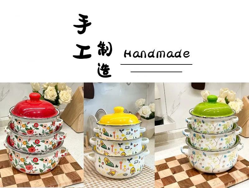 Kitchen Cookware Utensils Set 16/18/20CM Red Yellow and Green Enamelled Pots and Pans, 3-piece Set, Induction Cooktop, Open Fire