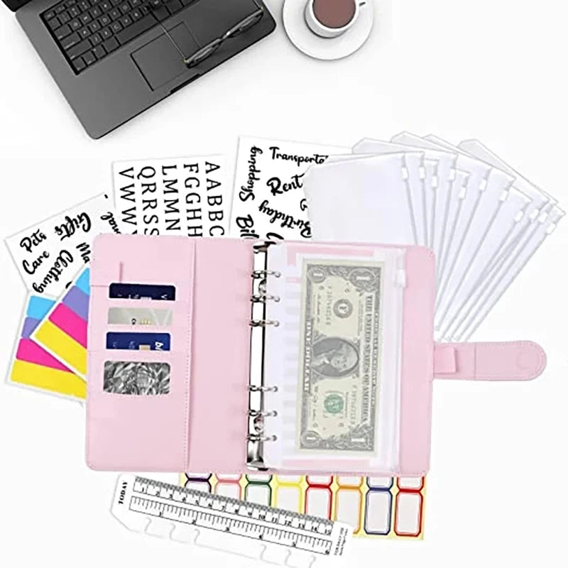 PU Leder Notizbuch A6 2025 - DIY Planner Organizer 8 Taschen Budget Sheets Schule
