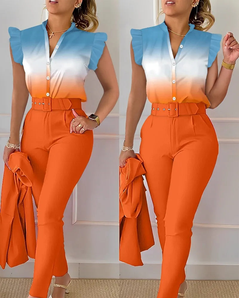 Elegant Women Two Piece Set Suits New Fashion Printed Ruffle Sleeve Top Solid Color Pants Set With Belt  Blouses Female Clothing