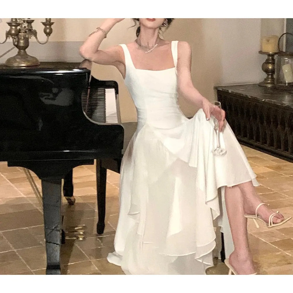 Elegant Dresses for Women Ruffles Sundress Evening Party Dress Sleeveless Square Collar A Line New Prom Robe Korean Vestidos