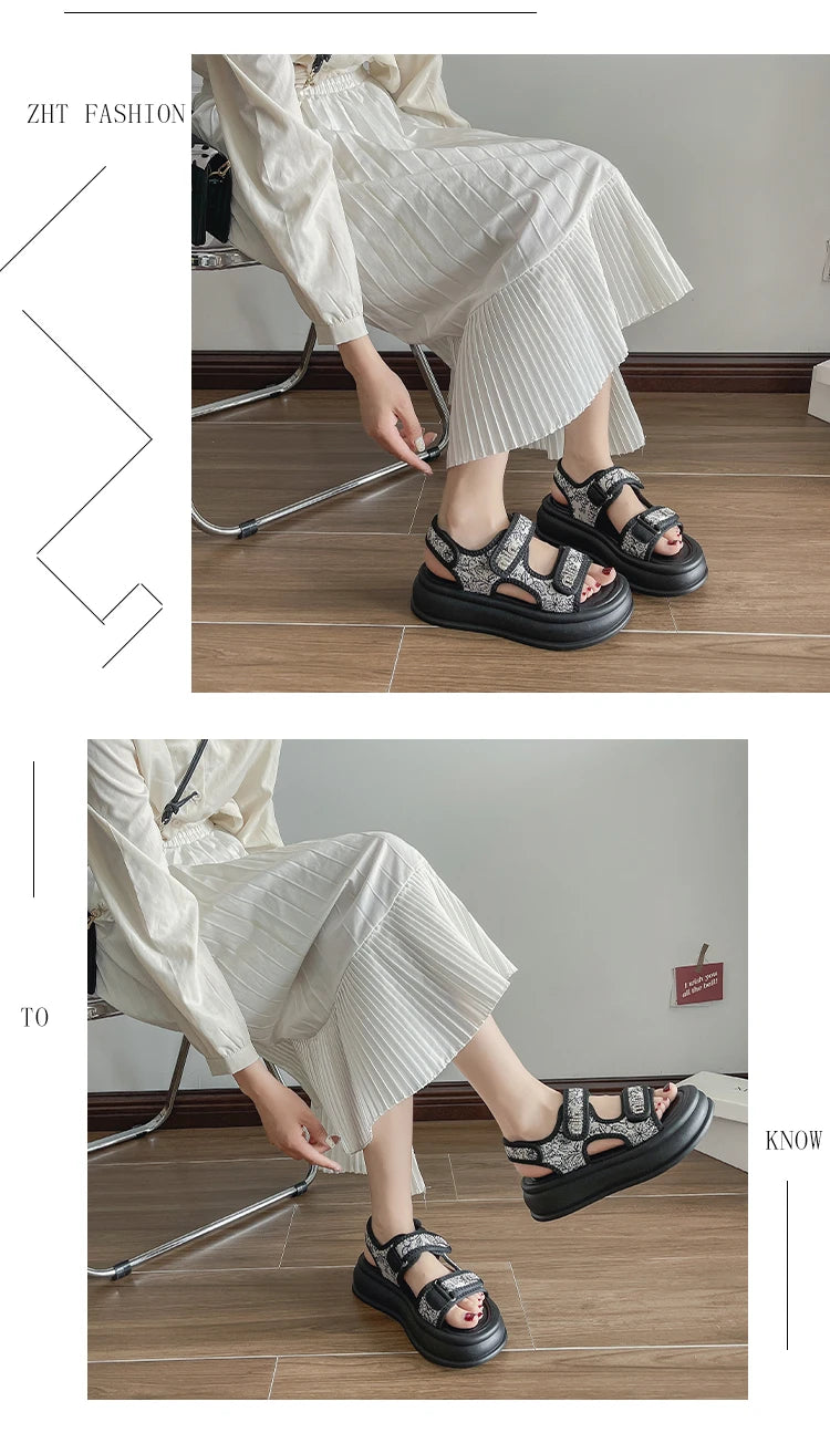 New Embroidery Casual Roman Designer Platform Sandals Women HOOk&LOOP Flats Summer Casual Ladies Outdoor Shoes Zapatos De Mujer