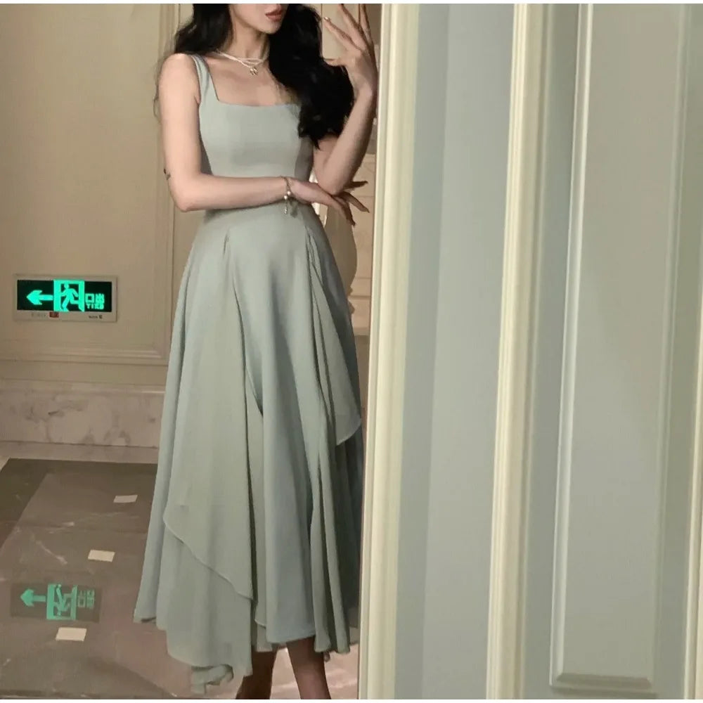 Elegant Dresses for Women Ruffles Sundress Evening Party Dress Sleeveless Square Collar A Line New Prom Robe Korean Vestidos