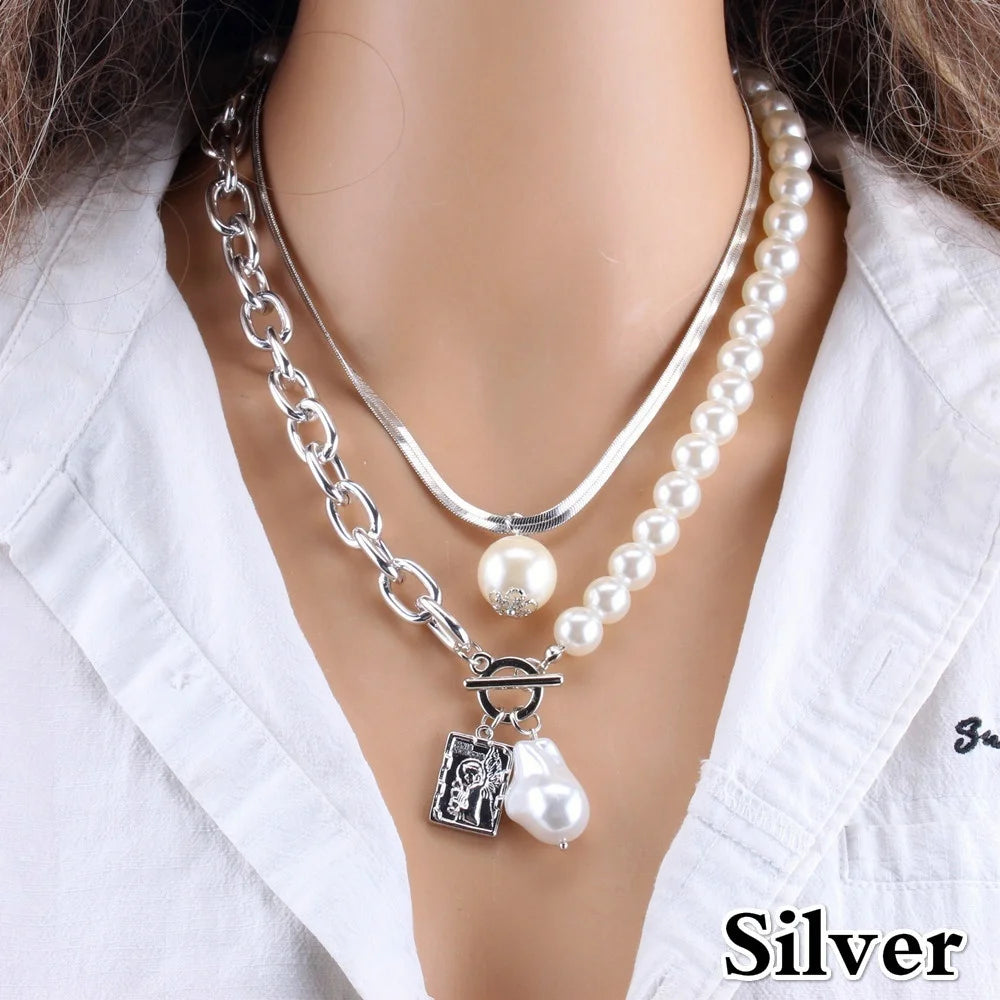 Preț 10 USD 2 straturi perle pandantive geometrice coliere pentru femei culoare aurie metal șarpe lanț colier cravată bijuterii cadou