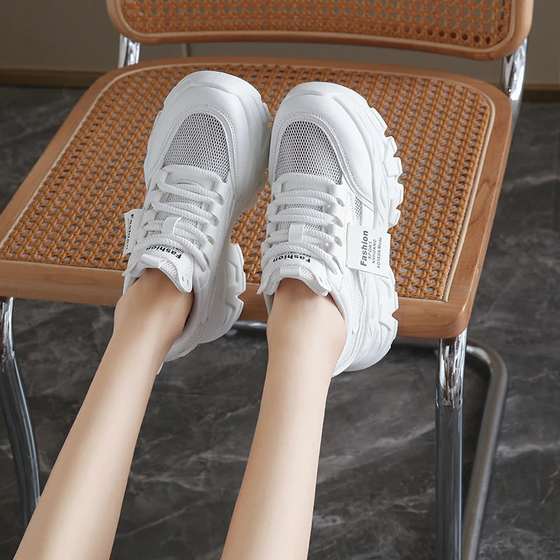 Whiet Breathable Chunky Sneakers Woman 2025 Spring Thick Platform Casual Sneakers Women Non Slip Lace Up Sports Shoes Female