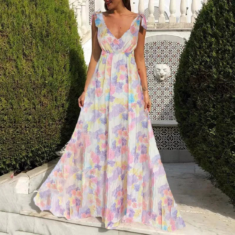 Backless women floral high waist large swing sleeveless long dresse
