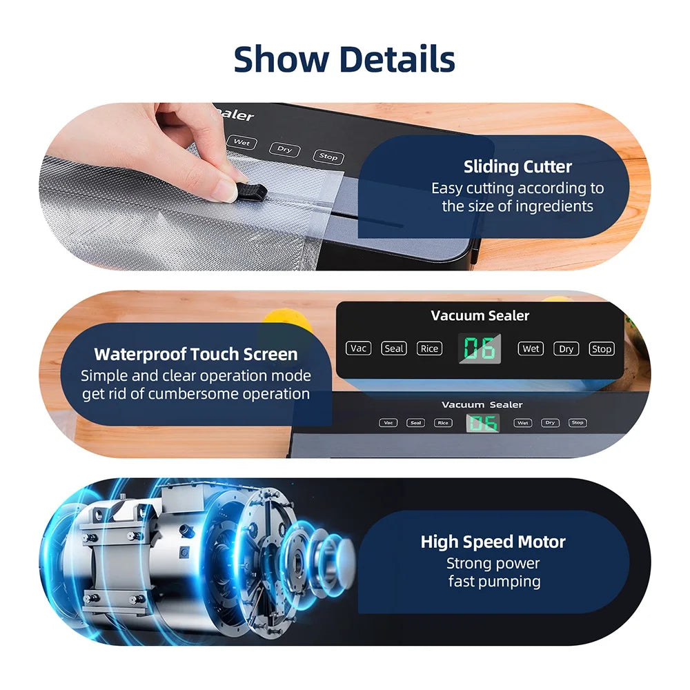 Electric Vacuum Sealer Machine Dry/Wet Food Packaging Seal To Keep Fresh Touch Buttons Digital Display Detachable Cleaning