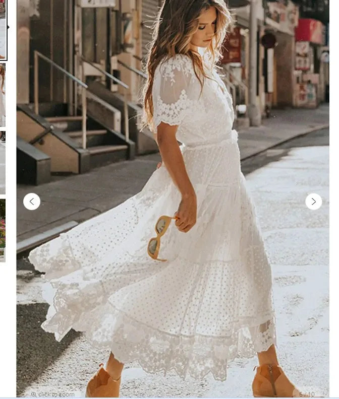 Boho style girl dress white cotton lace sleeveless long summer