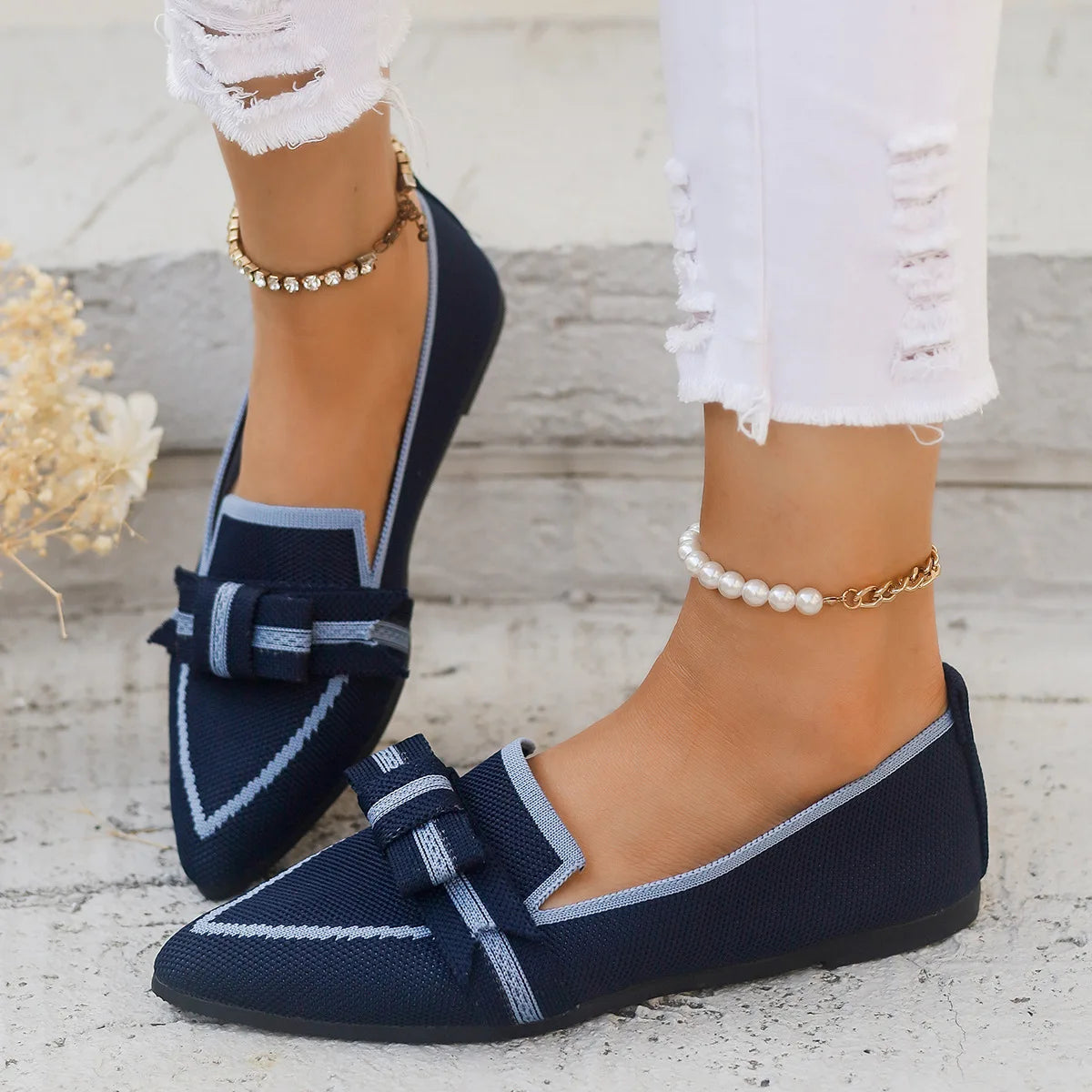 Women Flats 2024 New Knitted Slip Breathable Comfortable Solid Color Shoes Casual Pointed Toe Walking Loafers Sneakers Women