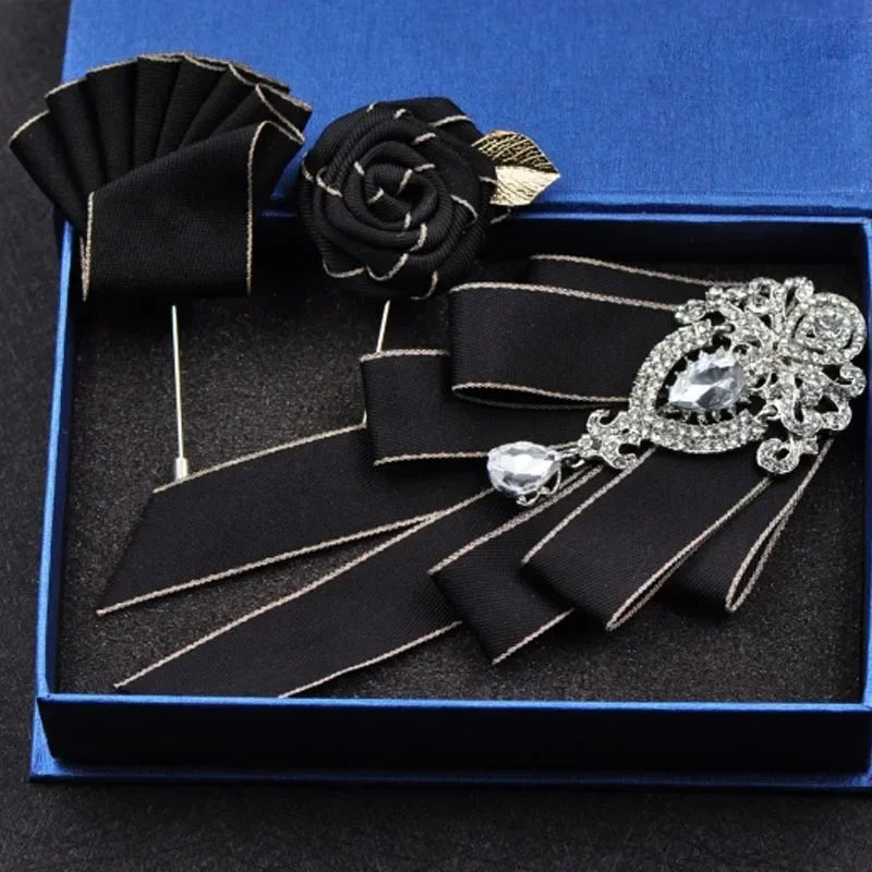 Fashion Handmade Bow Tie Wedding Collar Luxury Rhinestone Bowtie Necktie Brooch Pocket Towel Square Set Gift for Men Accessories