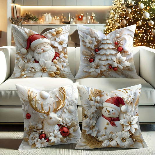4PCS Set of Holiday Velvet Christmas Pillow Covers with Santa Claus, Snowman, Reindeer, and Poinsettia - Without Lining