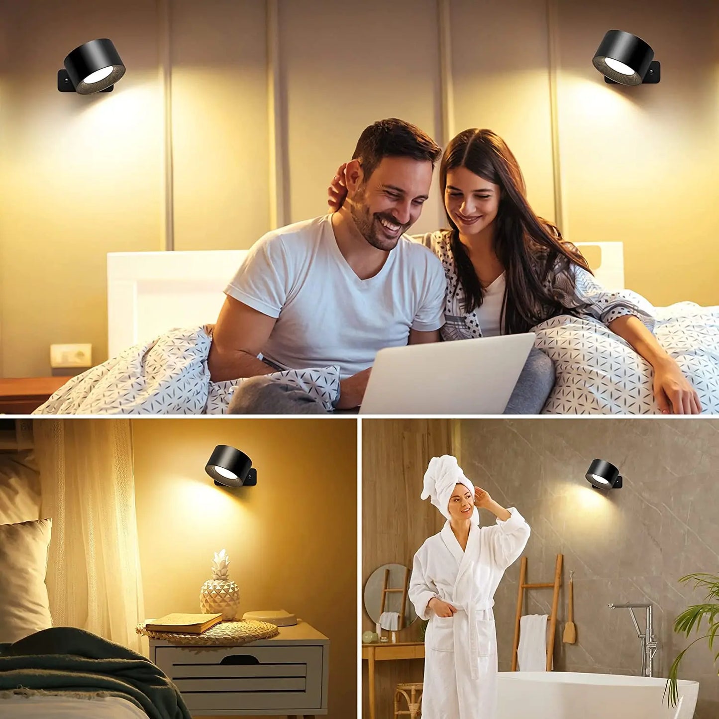 2PC Wandlicht Batteriebetriebene Lichter Rechargeable Wandarmaturen 360 Grad Frei Drehbarer Magnetball 3 Helligkeitsstufen