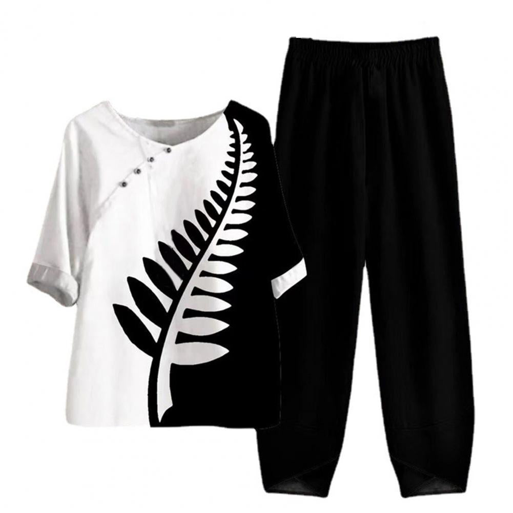 Elegant  Women Outfit Breathable Flower Pattern Blouse Trousers Half Sleeves Soft Blouse Pants Spring Clothes