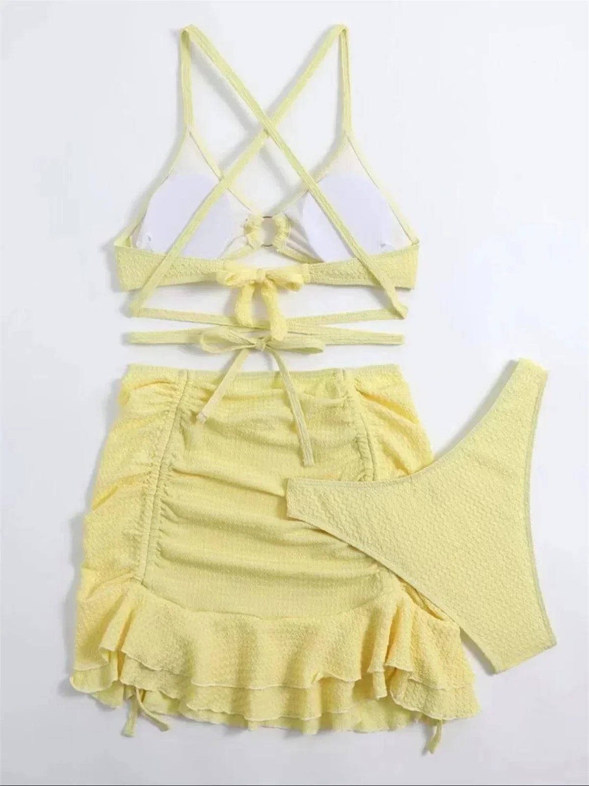Elegant Gelber Bikini: Daxiyee Solid Halter Ring Wire-Free Low Waist - Criss Cross Cover Up 3 Teilig Rüschen Rock Office Lady
