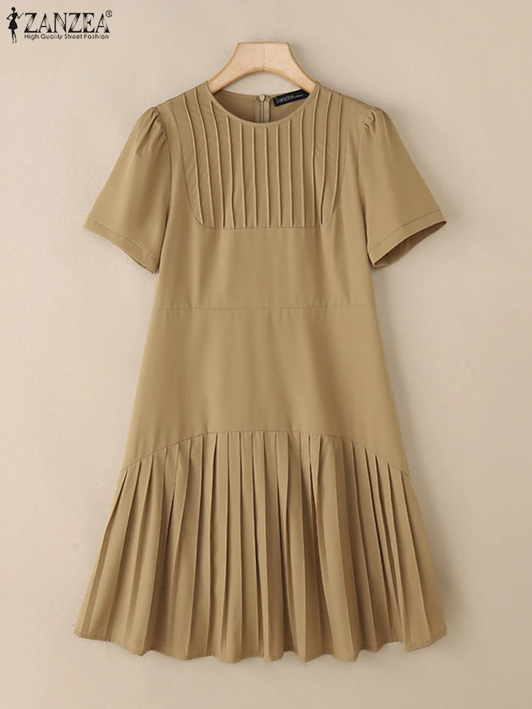 Elegant Office Lady Dresses 2025 Summer Dress ZANZEA Women Elegant Short Puff Sleeve Pleated Party Vestidos Knee Length Robe