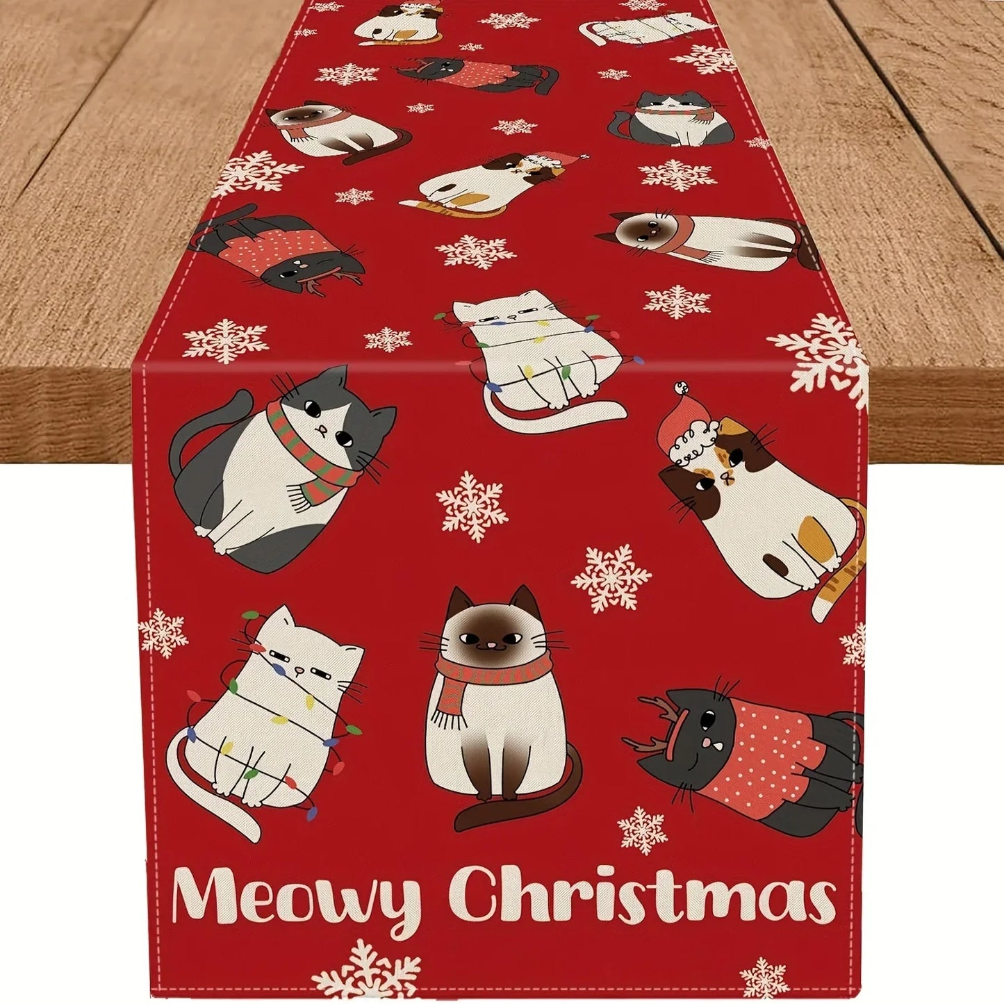1 Cute Christmas Cat Table Runner with Snowflakes and "Meowy Christmas" Text Pattern, Suitable for Christmas Family Banquets