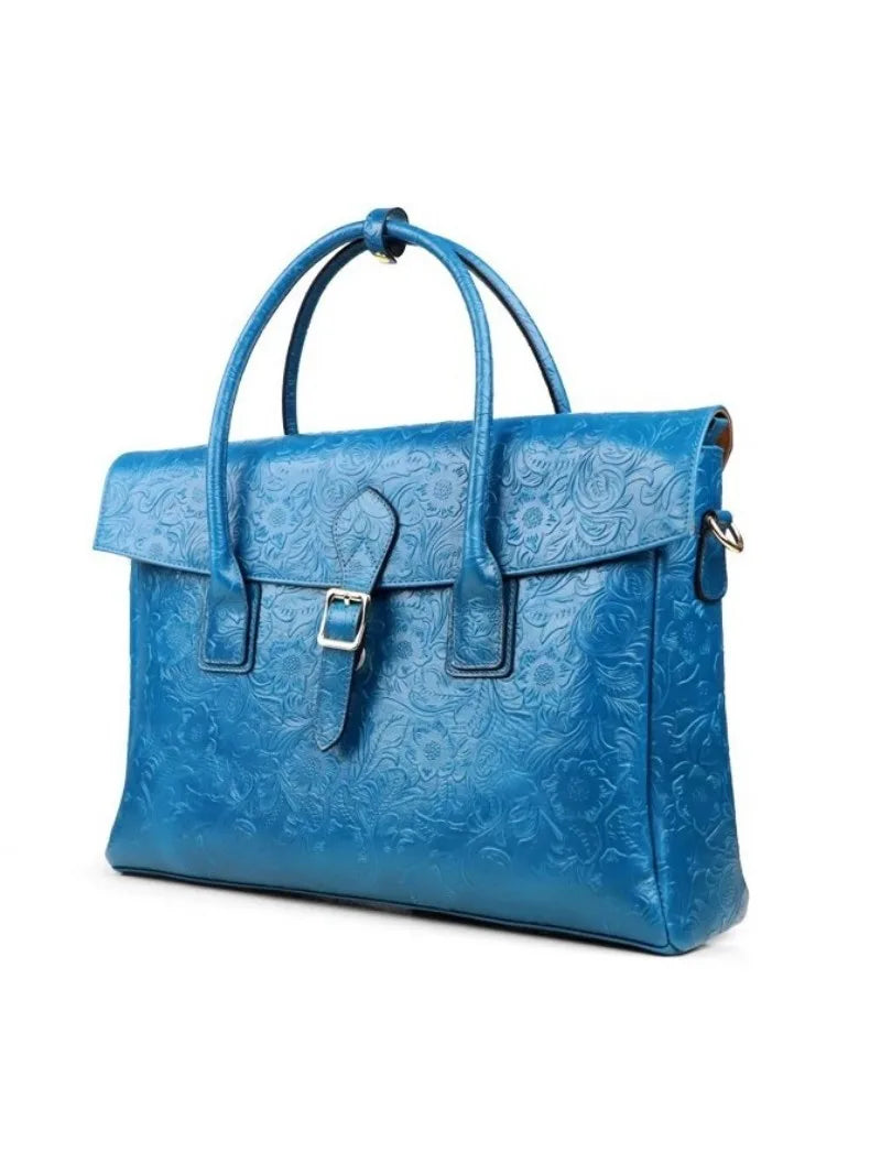 Vintage flower carved leather bag  single shoulder briefcase & business satchel