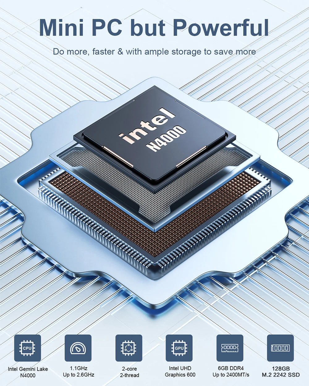 Mini PC compact MLLSE M2 Air - 128 GB ROM, N4000, 6 GB RAM