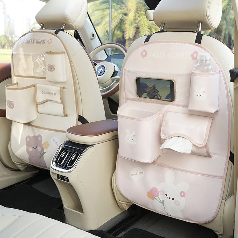 Cute Cartoon Car Seat Back Storage Bag Leather Multifunction Car Backseat Organizer Cup Holder Tissue Holder Anti Kick Pad