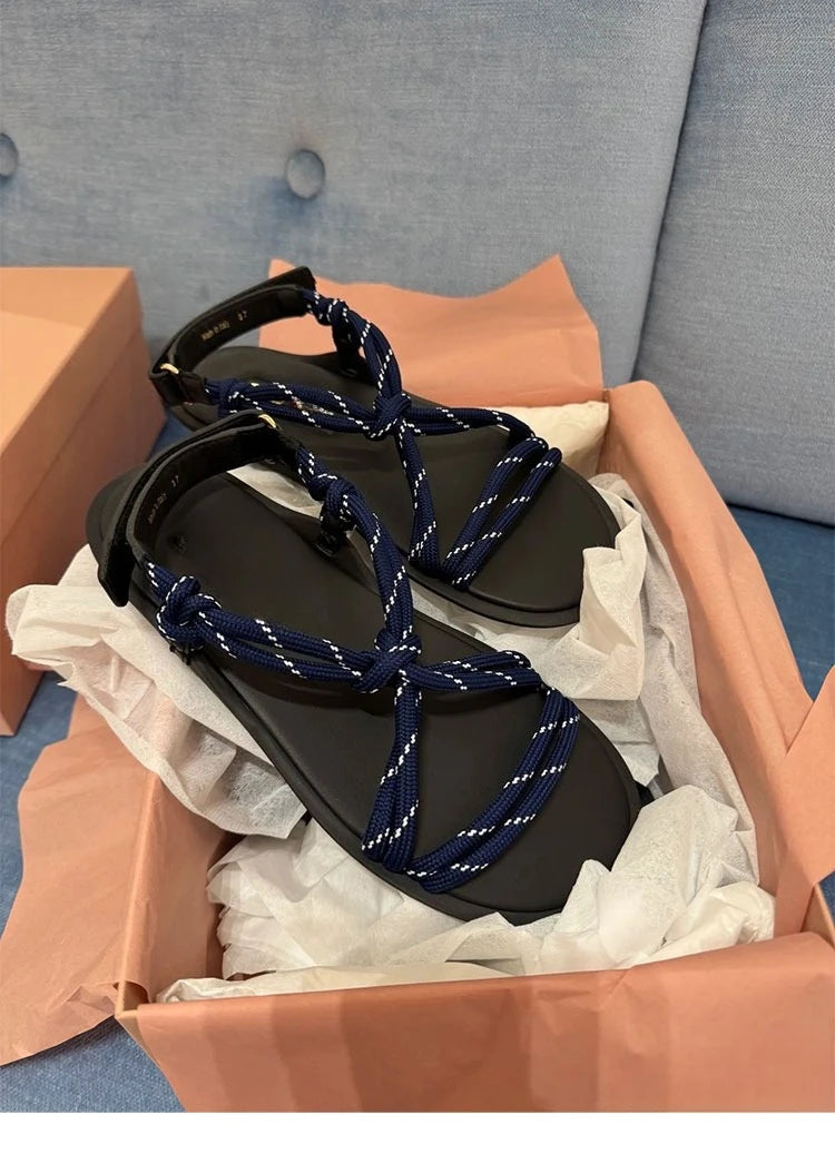 Damen Seil-Knoten Zehentrenner Sandalen - Weiche Sohle Komfort Sommer - Geflochtene Riemen Fashion Sandalen
