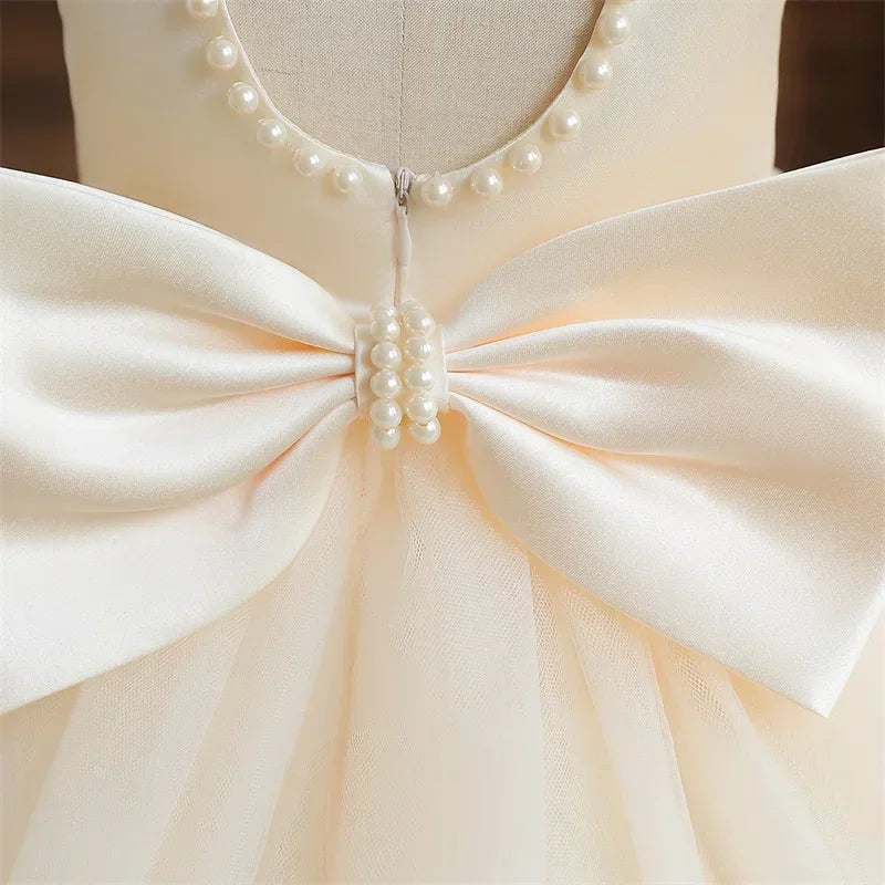 Baby Mädchen Kleid Große Schleife Perlen Rückenfrei 1. Geburtstag Party Kleid Säugling Mädchen Prinzessin Hochzeit Tüll Kleid Taufe Kleid 1-5J