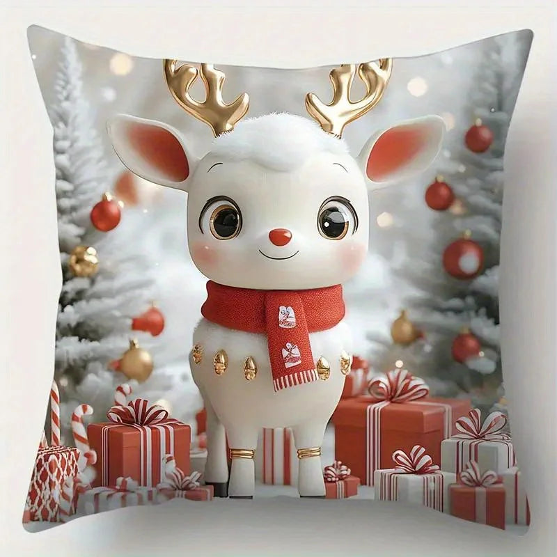 Modern Christmas Pillow Covers Set of 4, Snowman Reindeer Santa Design, Soft Polyester Zippered  for Living Room Decor