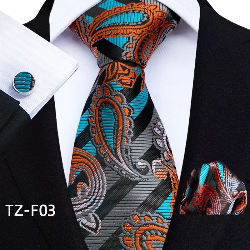 Luxury Mens Ties Floral Black Gold Ties Paisley Grid NeckTie Pocket Square Cufflinks Set Men's Wedding Party Tie
