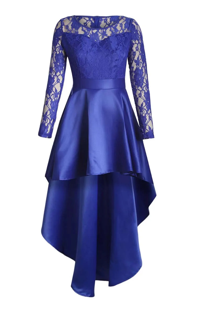New Spring Elegant Dresses for Women Long Sleeve Lace High Low Satin Prom Evening Dress Cocktail Party Gowns Vestido Feminino