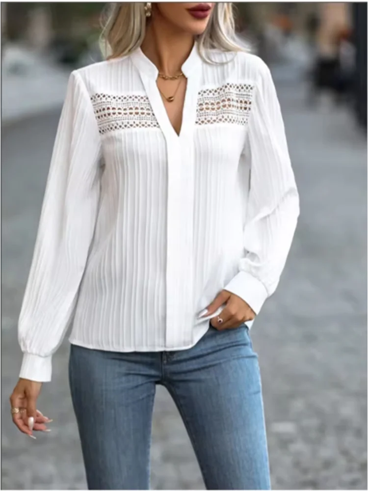 Elegant Office Lady White Shirt Women V-Neck Long Sleeve Lace Spring Autumn Work Clothes