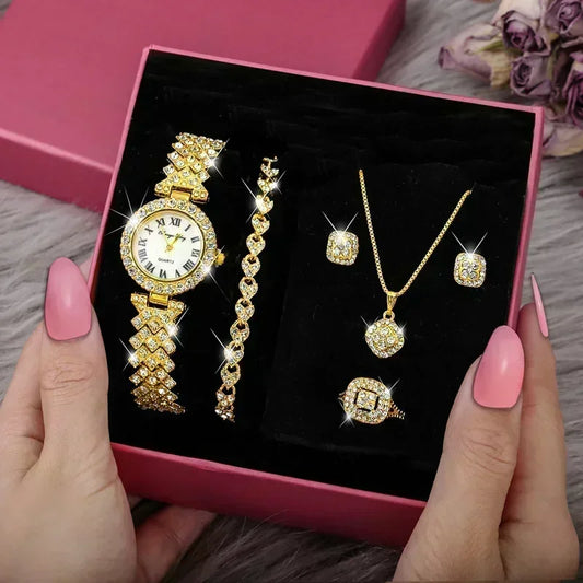 Mode Luxus Vollkristall 5-teiliges Set - Uhr Halskette Ohrringe Ring Set für Damen - Strass Armbanduhr Damen Armband Set Geschenk
