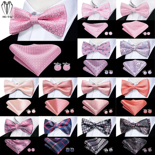 Hi-Tie Peach Pink Salmon Silk Mens Bow Tie Pocket Square Cufflinks Set Pre-tied Butterfly Knot Bowtie for Male Wedding Business