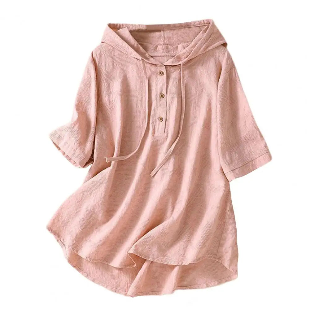 Elegant Women Blouse Shirt Hooded Cotton Linen Solid Color Buttons Half Placket Short Sleeve Top Thin Loose Blouse
