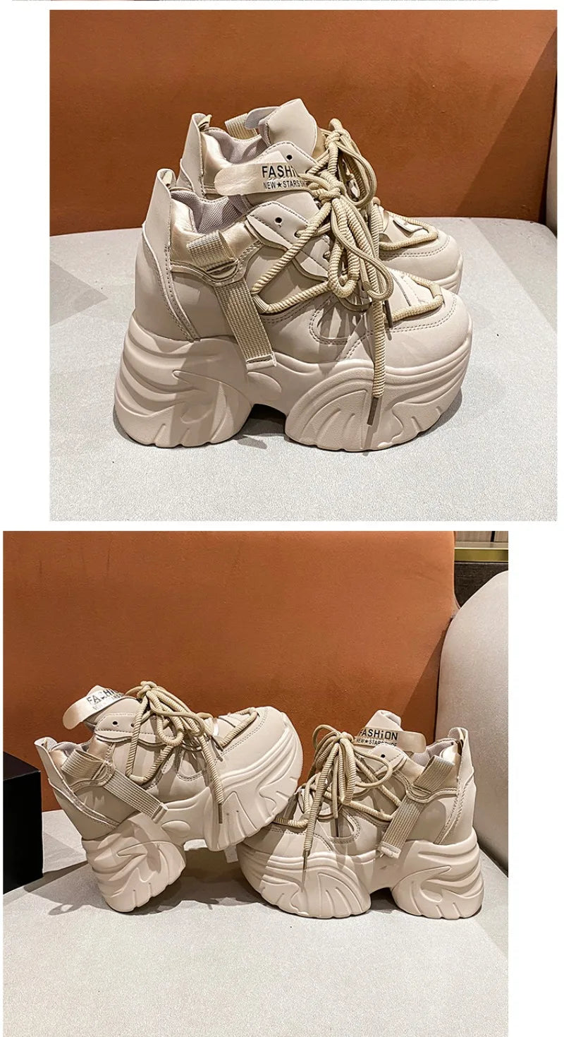 Women Walking Sneakers Autumn Lace-up High Platform Chunky Shoes Breathable Leather Shoes 10.5CM Winter Wedge Heels Casual Shoes