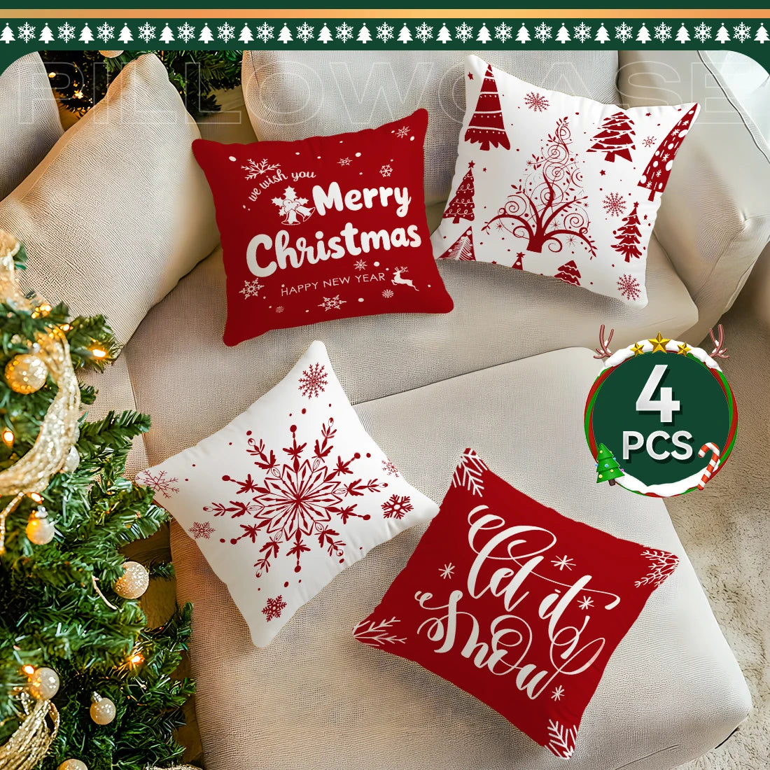 Red Christmas Decoration Pillowcase Printed Polyester 40/45/50cm Throw Pillowcover Decorative Sofa Cushion Pillowslip Home Decor