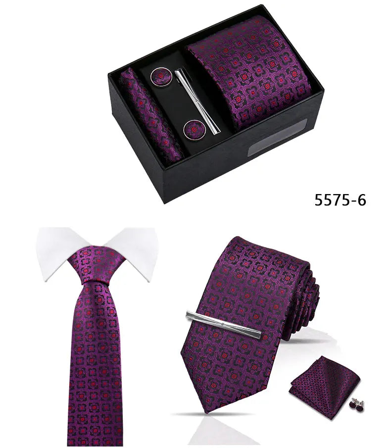 Elegant Men's Suit Necktie Gift Box Set Floral Tie Handchief Cufflinks Tie Clip 4-Piece Business Wedding Party Suit Accessories