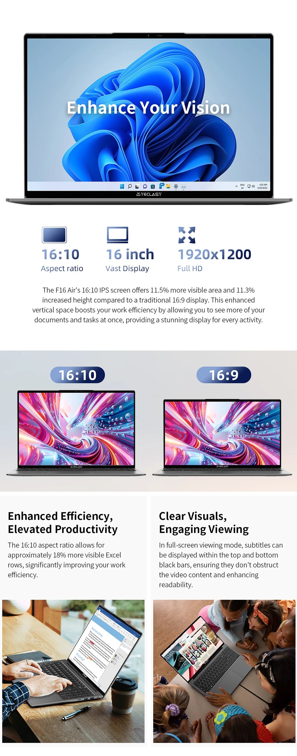 Teclast F16Air Laptop 16.1 Zoll - Intel N95, 16GB RAM, 512GB SSD, FHD IPS Display, Beleuchtete Tastatur