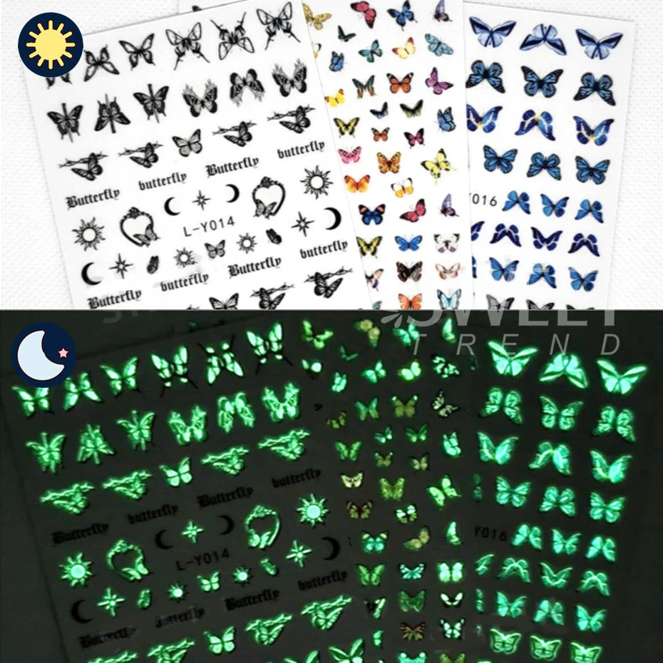Nagel-Sticker 2025: 3pcs Luminous-Butterfly Glow-Dark - Manicure Art Collection
