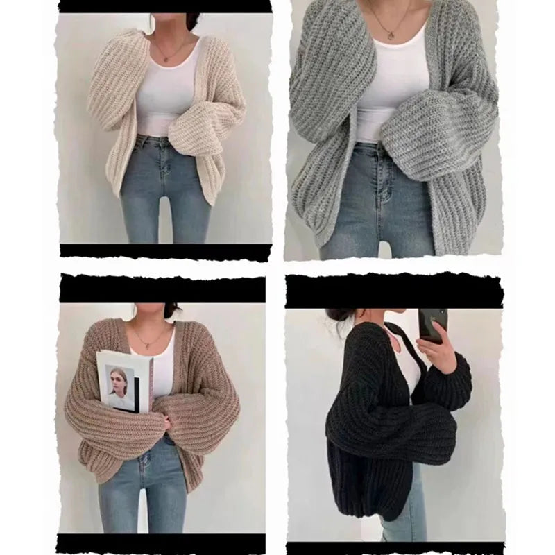 KoreanChic Cardigan V-Neck Lantern Sleeve - Gewicht 220-320 Gramm pro Quadratmeter, Loose Fit, Knopfverschluss