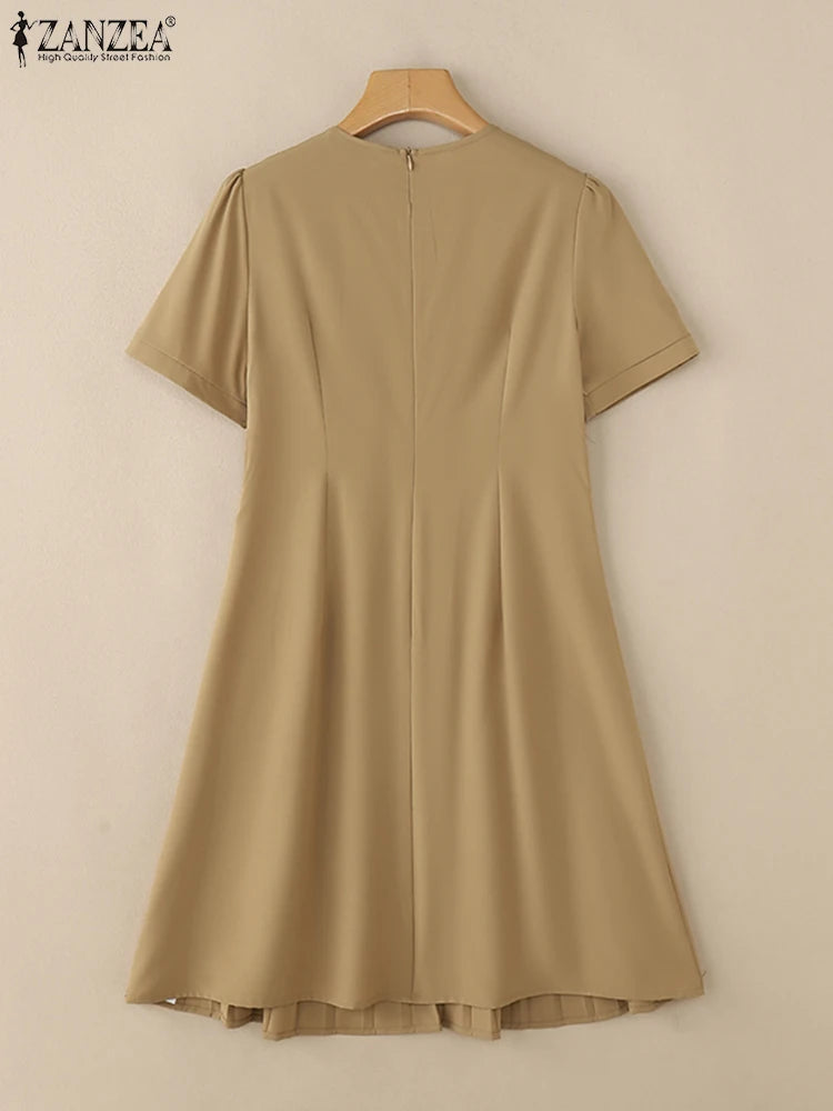 Elegant Office Lady Dresses 2025 Summer Dress ZANZEA Women Elegant Short Puff Sleeve Pleated Party Vestidos Knee Length Robe