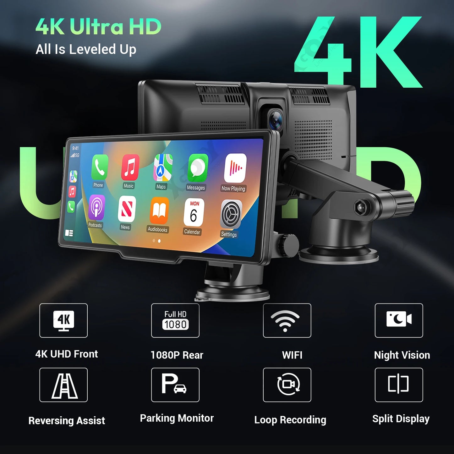 4K 10.26" Touchscreen Auto DVR Dashcam - Kabellos Apple CarPlay Android Auto Dual Lens Video Recorder