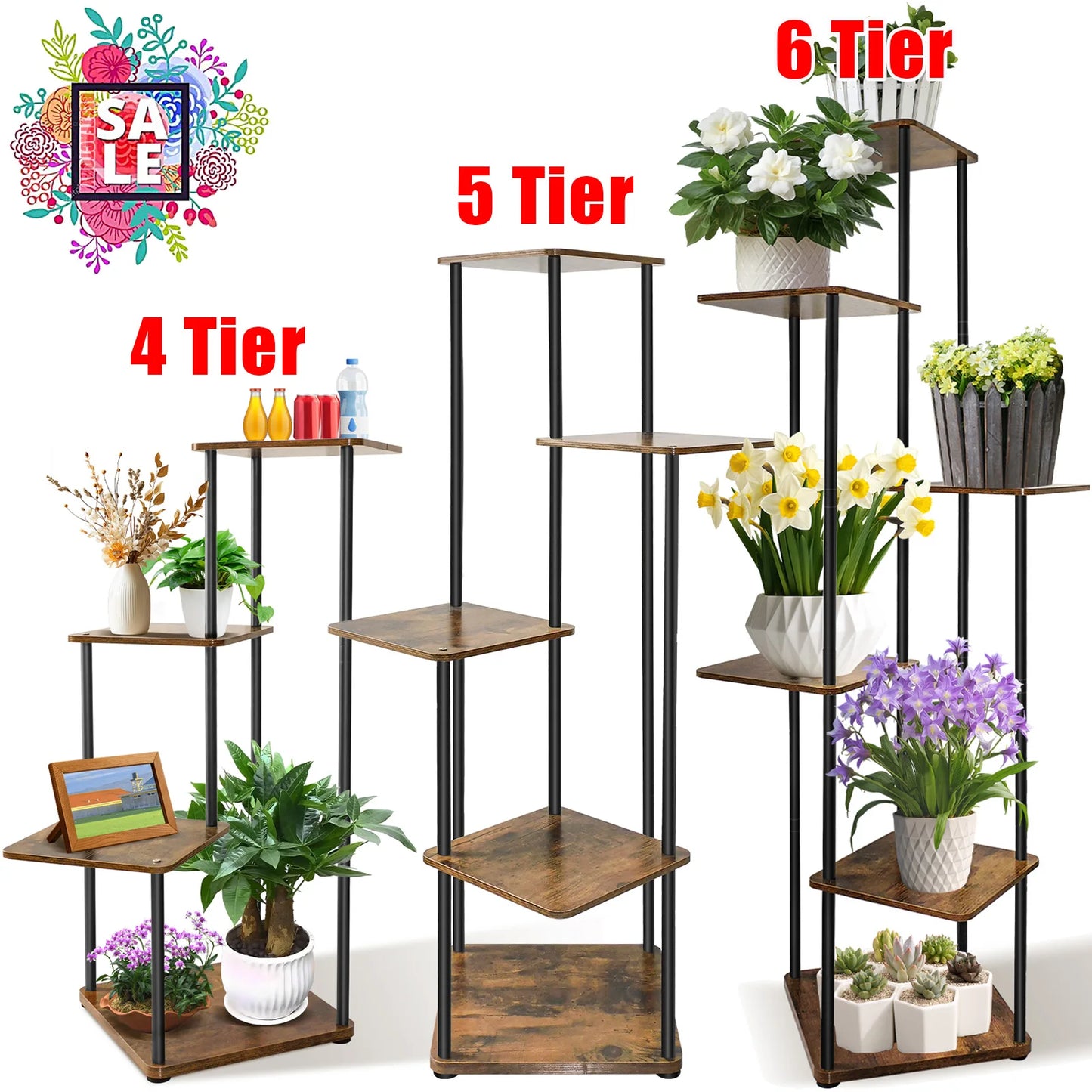 GreenNest Pflanzenständer Metall Naturholz 4-6 Stufen