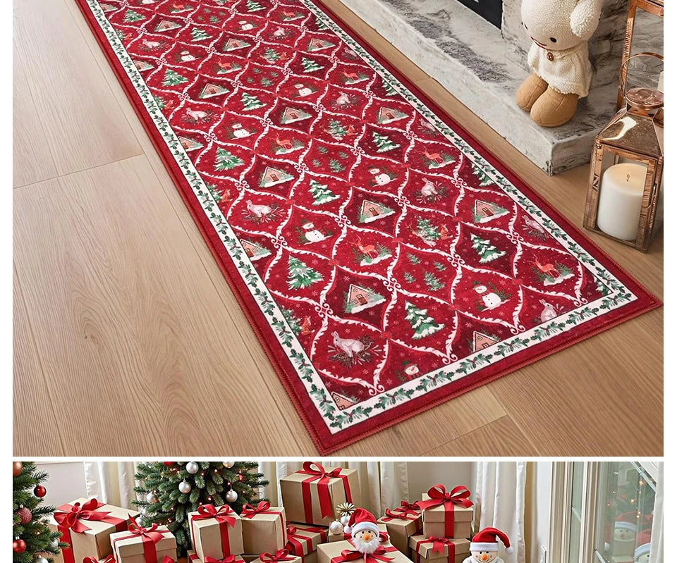 Runner Rug Corridor Non-slip Machine Washable Easy To Fold Floor Mat Green Plaid Snowman Rugs Christmas Gift Home Decoration Mat